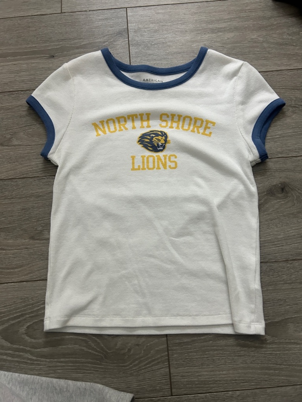 American Eagle Outfitters White Ringer Tee with Blue Trim and Yellow Graphic